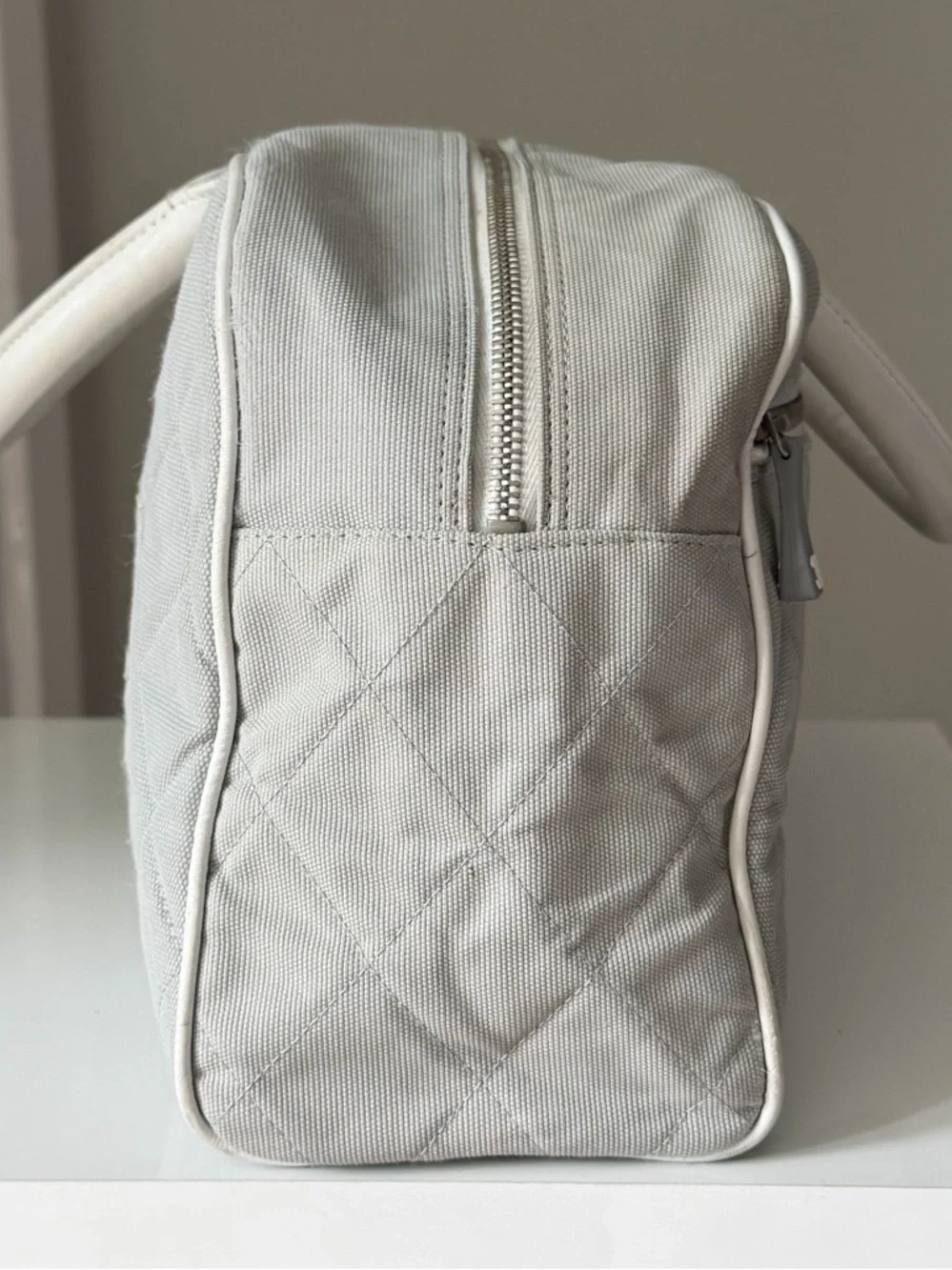 Chanel Sports Line Quilted Logo Bowler Bag Grey Canvas White Leather Trim